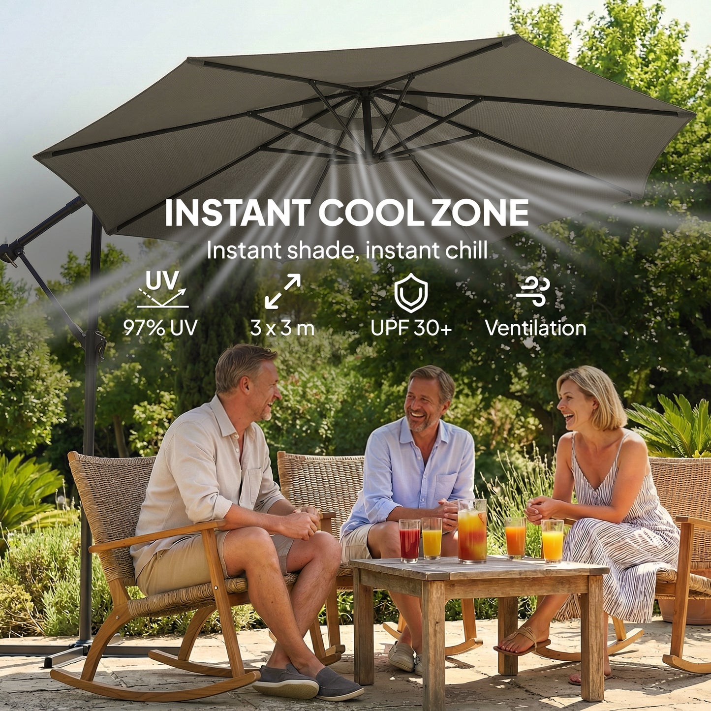 3 m Garden Cantilever Parasol with Cover, Rotation, Grey