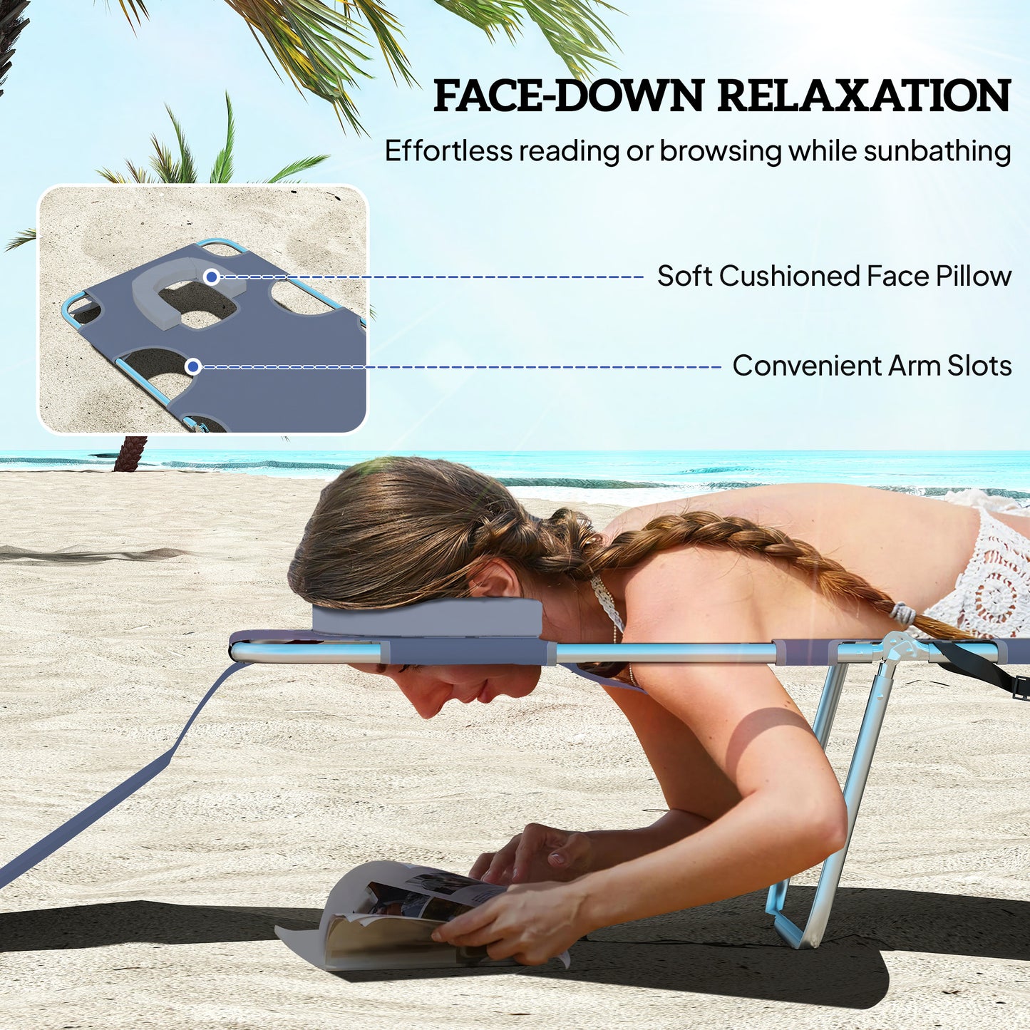 2 Sun Loungers with Reading Hole, Folding Garden Lounger, Grey