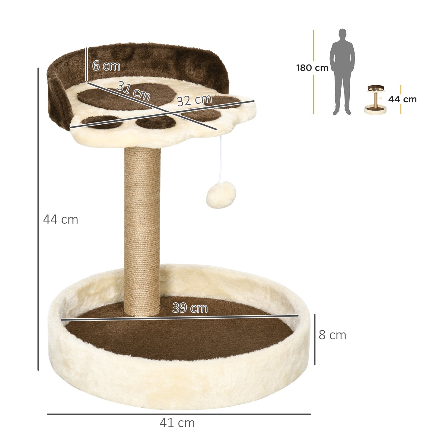 44cm Cat Tree with Sisal Cat Scratching Post, Toy Ball - Brown