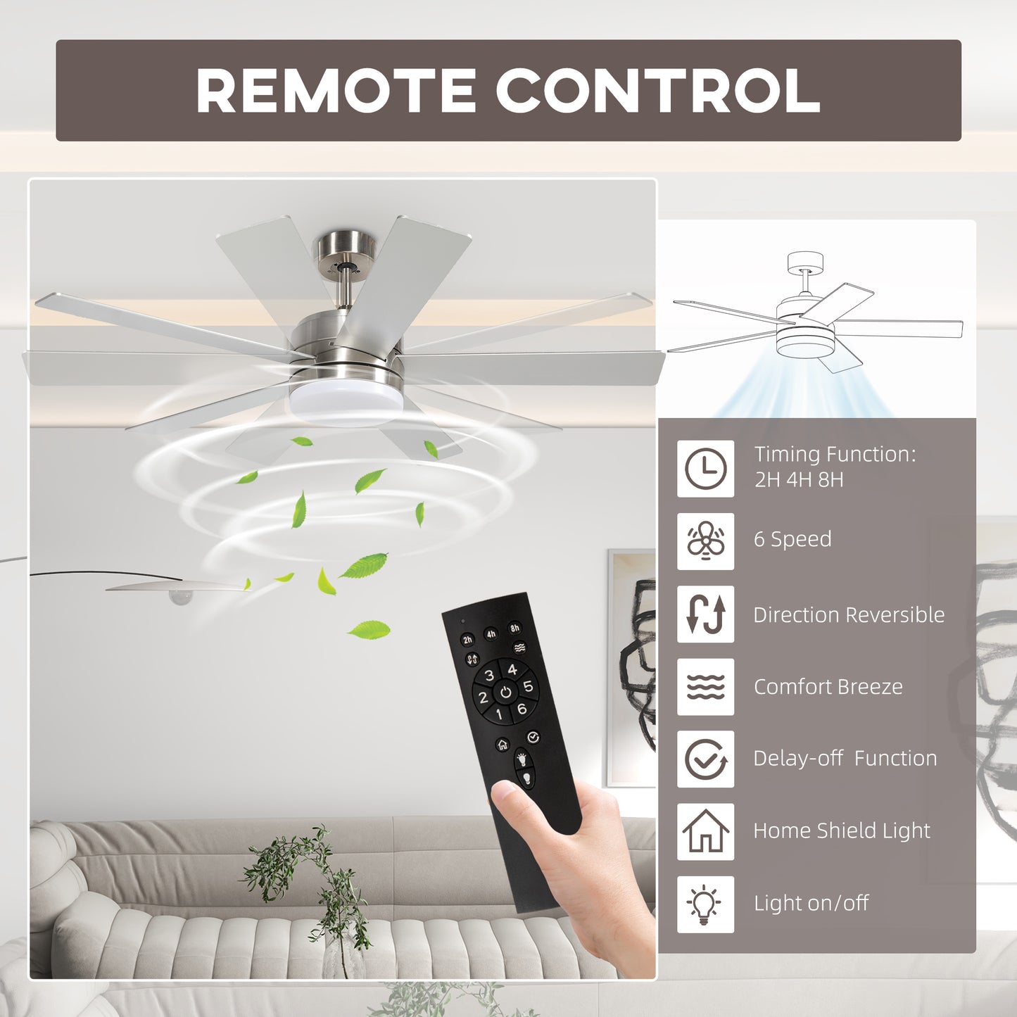 Mounting Reversible Ceiling Fan with Light, Remote, Silver & Natural