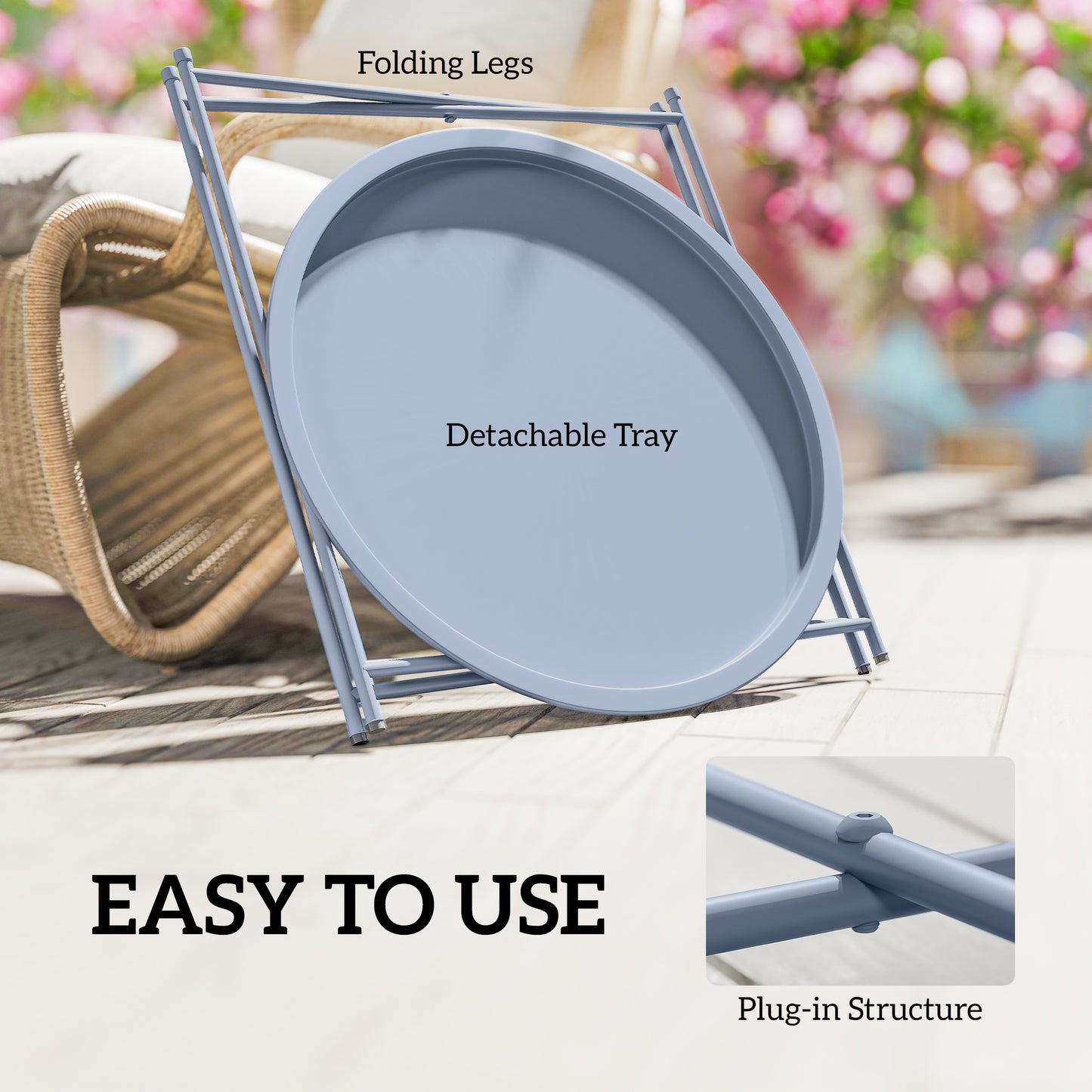 46cm Round Garden Table Side Table with Removable Tray, Blue Grey