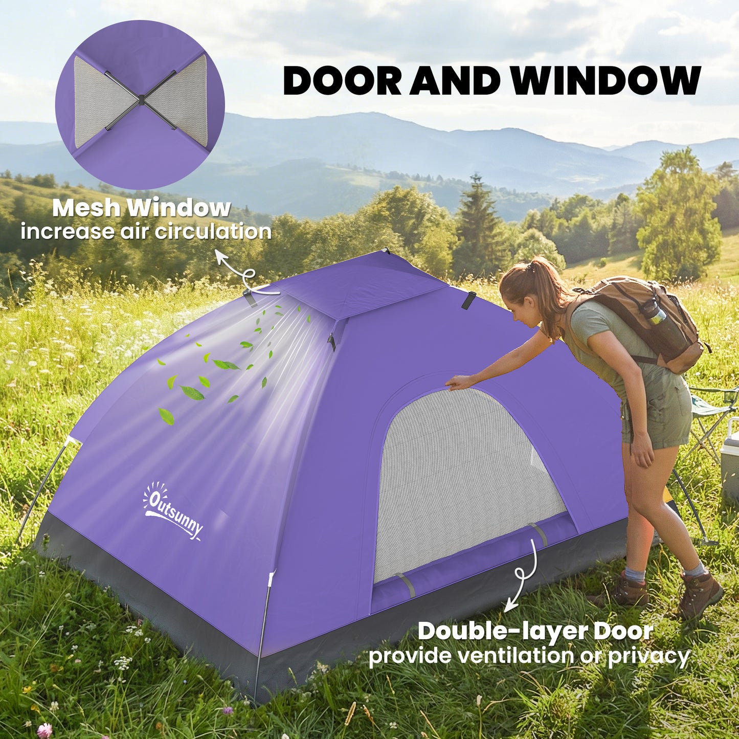 2 Person Camping Tent, Dome Tent with Storage Pocket, Light Purple