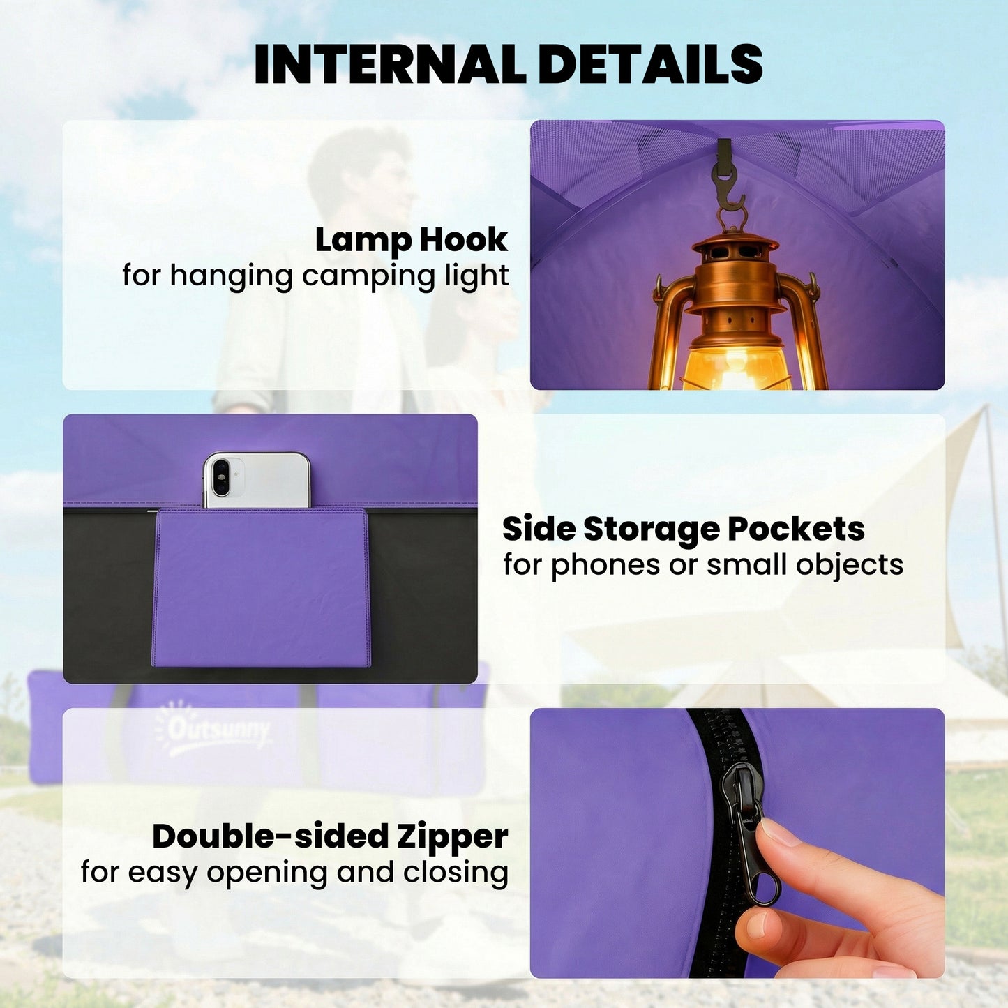2 Person Camping Tent, Dome Tent with Storage Pocket, Light Purple