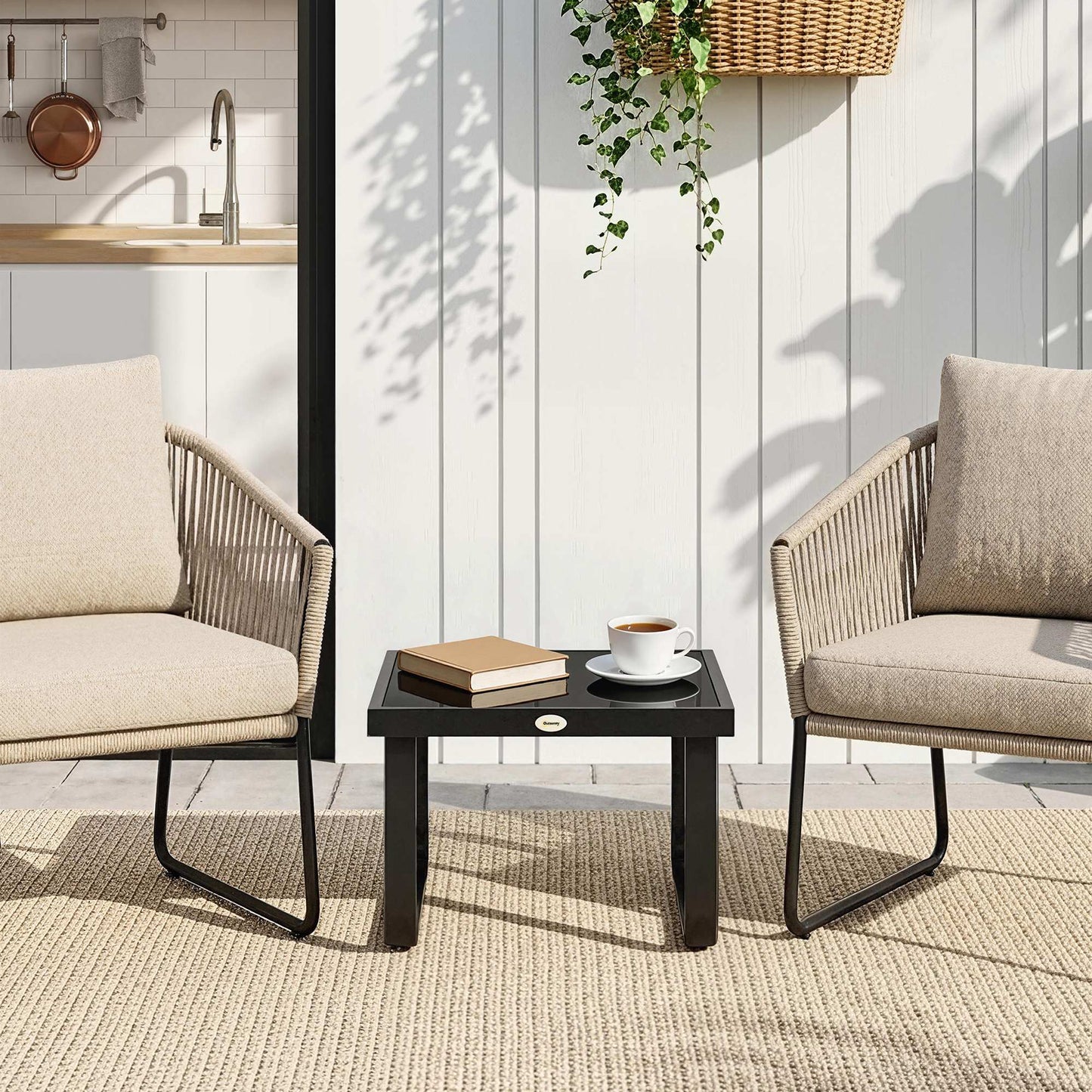 Garden Coffee Table Outdoor Side Table with Glass Top Black