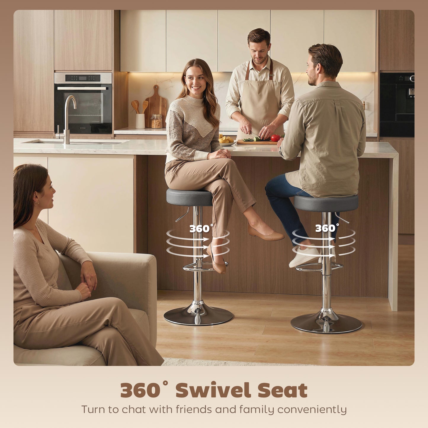 Bar Stools Set of 2, Height Adjustable Breakfast Bar Chairs, Grey