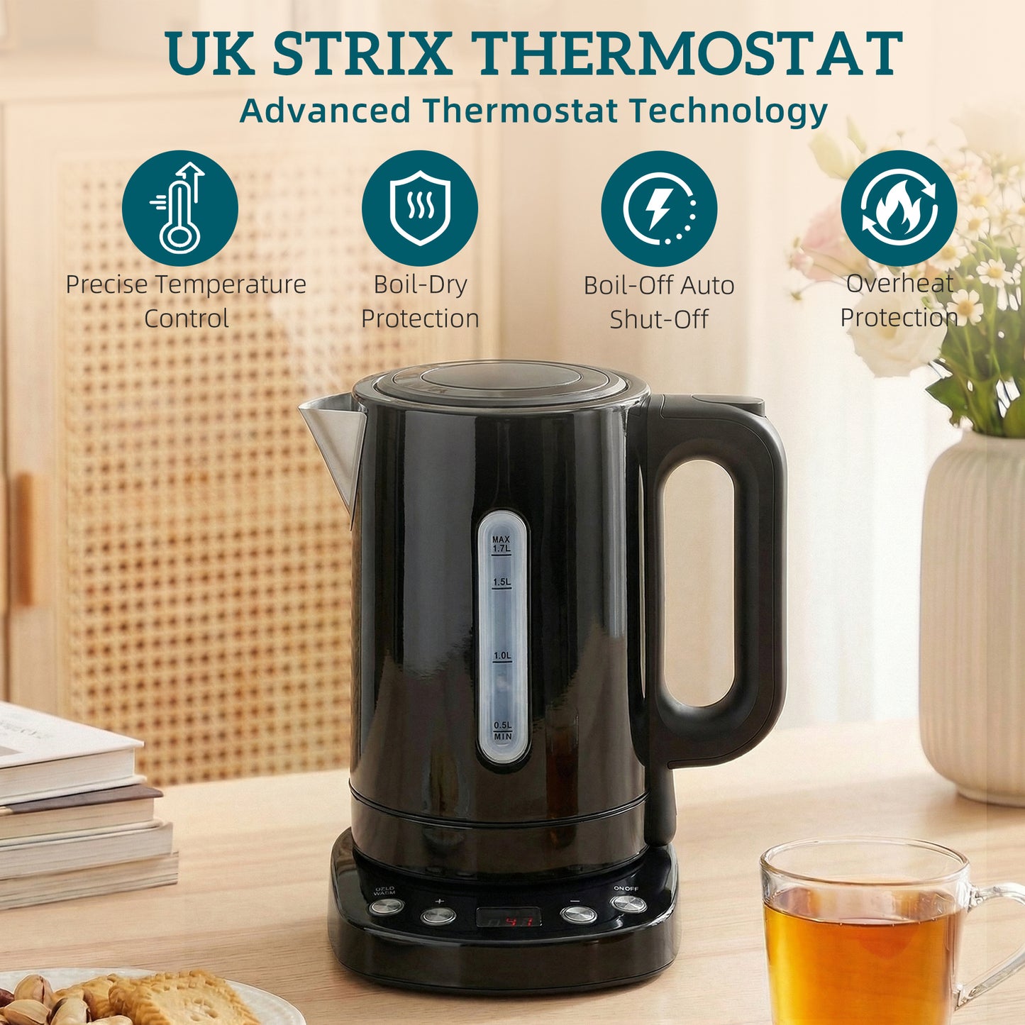 Electric Kettle, 1.7L Fast Boil, 3kW Water Kettle with Strix Thermost