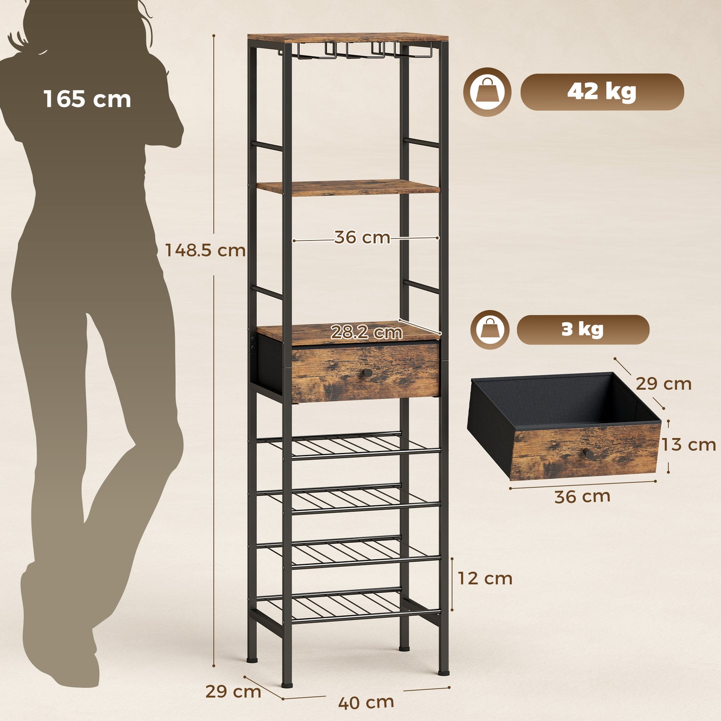 Wine Bar Cabinet 16-Bottle Wine Rack Rustic Brown