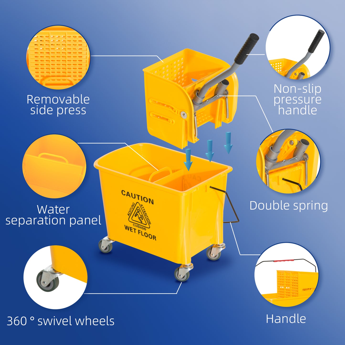 20L Mop Bucket with Wringer Handle on Wheels for Cleaning Yellow