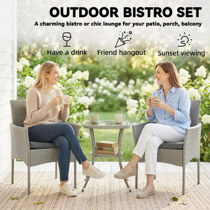 3 Piece Rattan Bistro Set with 2 Tier Glass-Top Table, Chairs