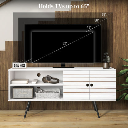 TV Unit for 65" TVs with 2 Open Shelves, Door and 2 Cable Holes, White
