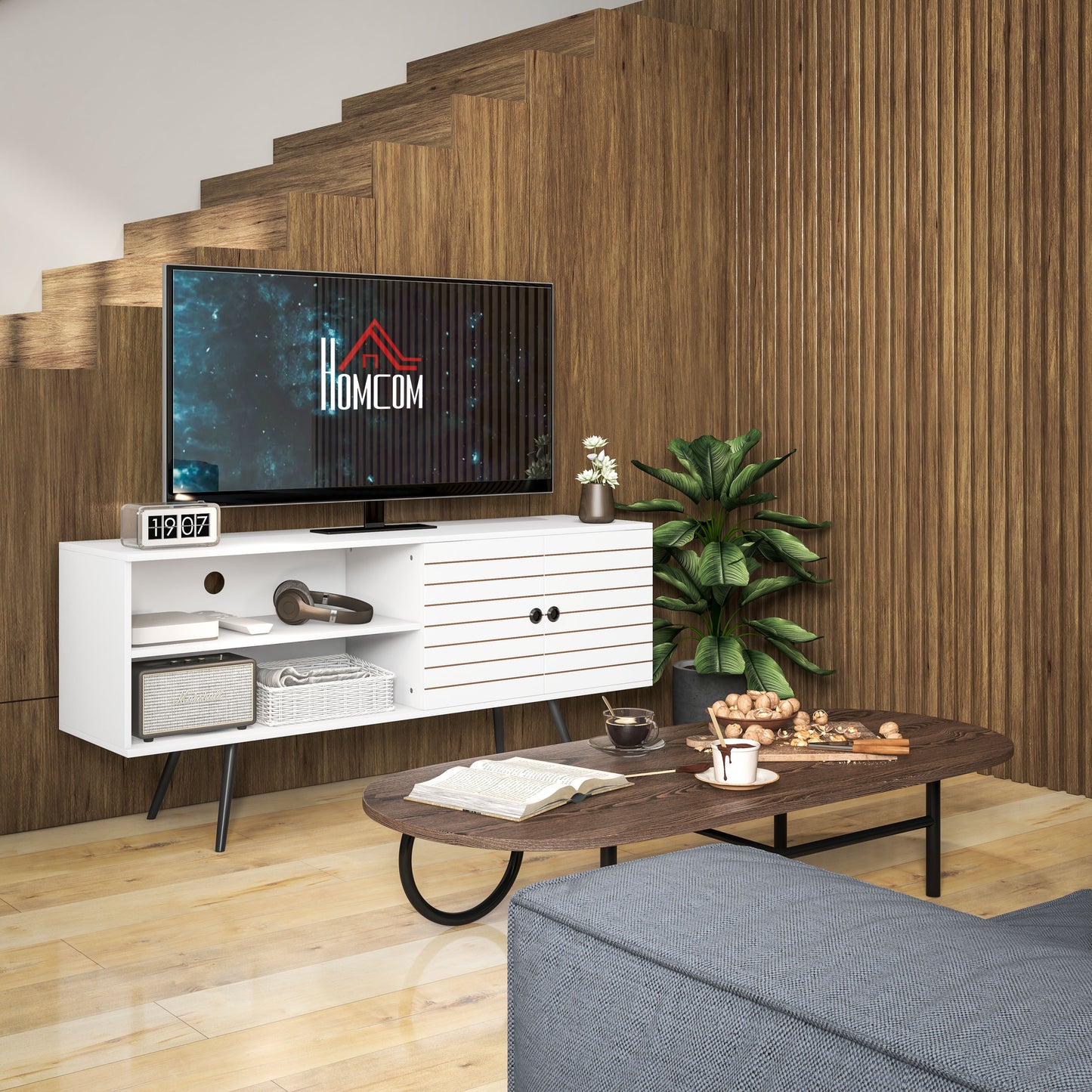 TV Unit for 65" TVs with 2 Open Shelves, Door and 2 Cable Holes, White