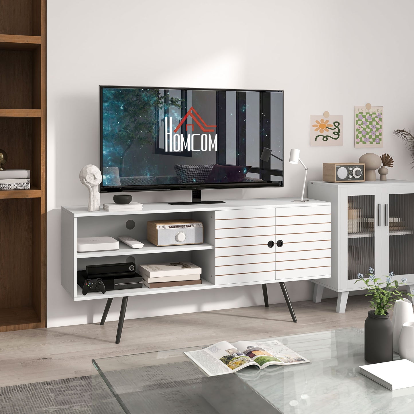 TV Unit for 65" TVs with 2 Open Shelves, Door and 2 Cable Holes, White