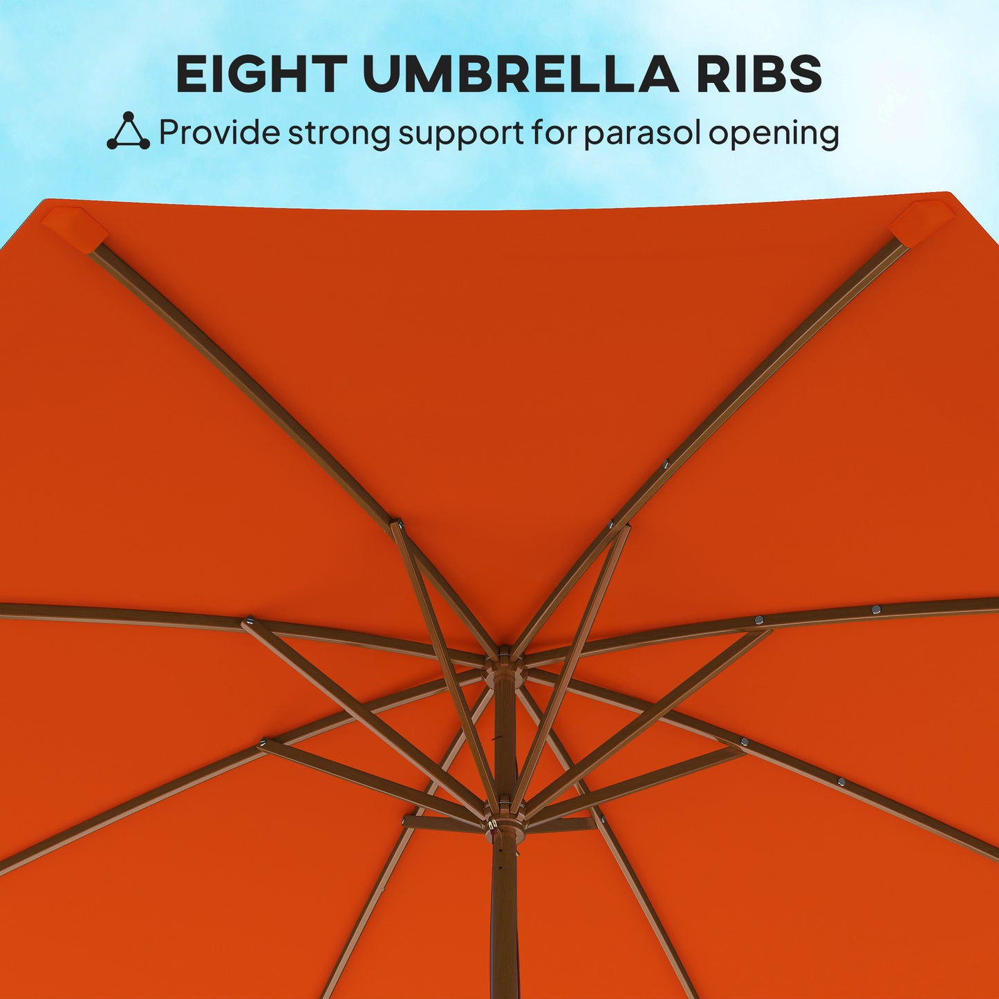 Wooden Garden Parasol with Rope Pulley Mechanism and 8 Ribs Orange