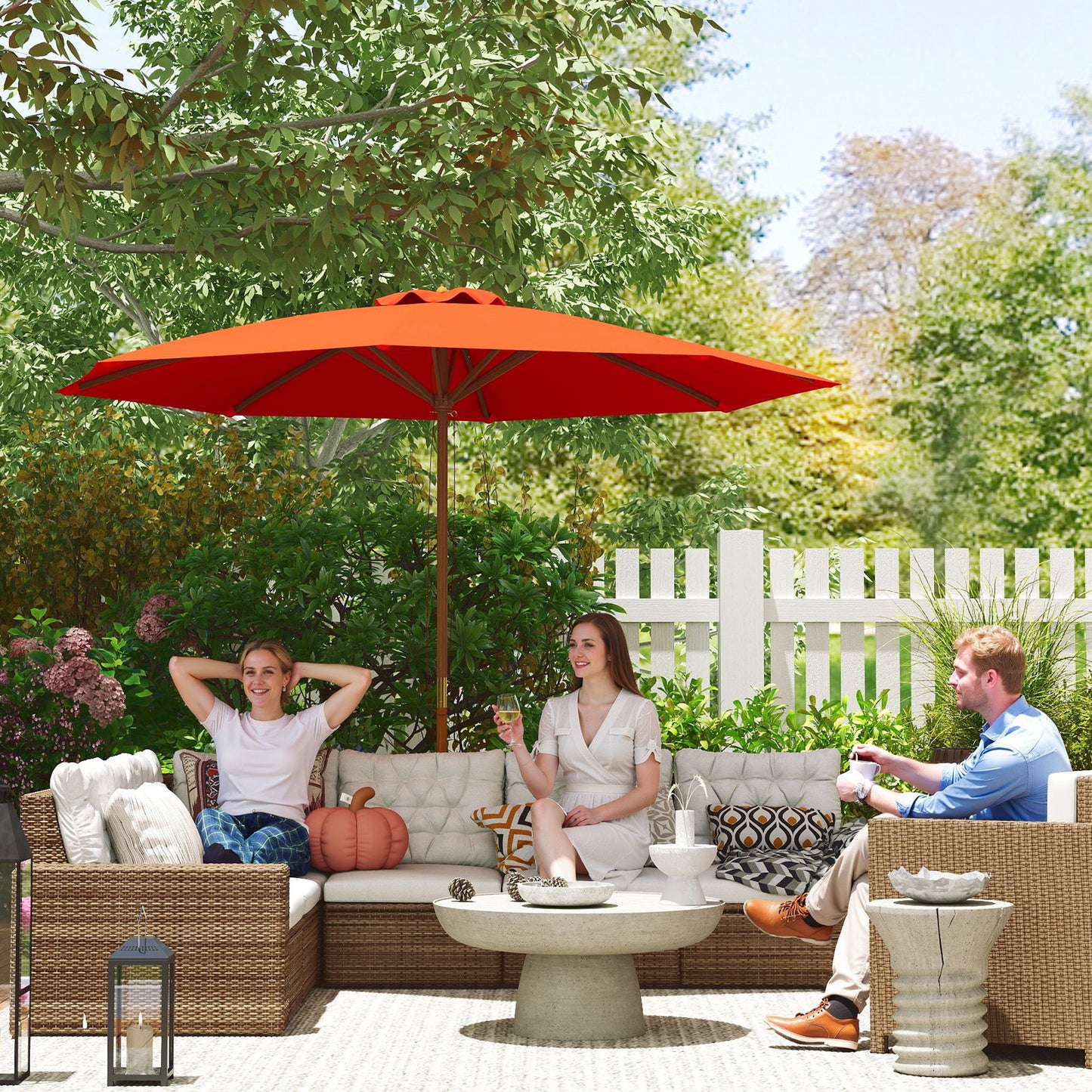Wooden Garden Parasol with Rope Pulley Mechanism and 8 Ribs Orange