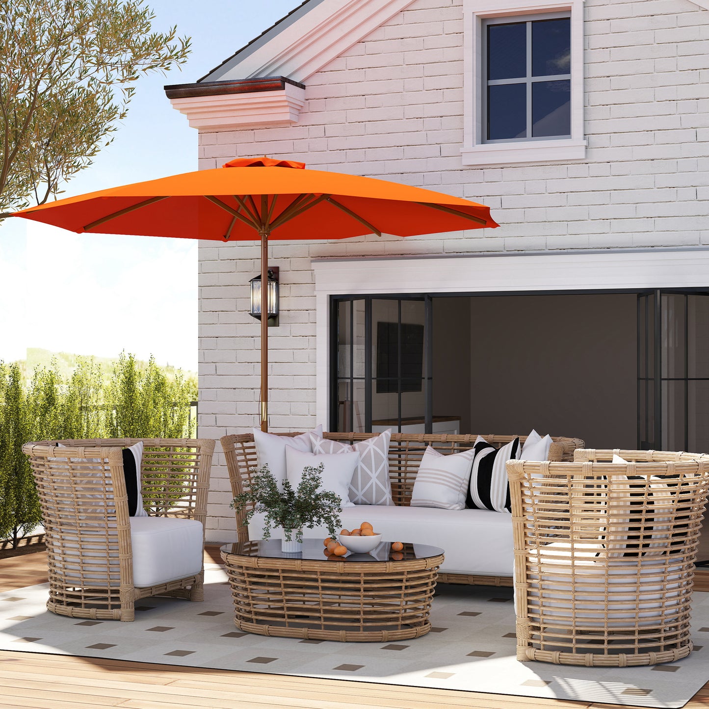 Wooden Garden Parasol with Rope Pulley Mechanism and 8 Ribs Orange