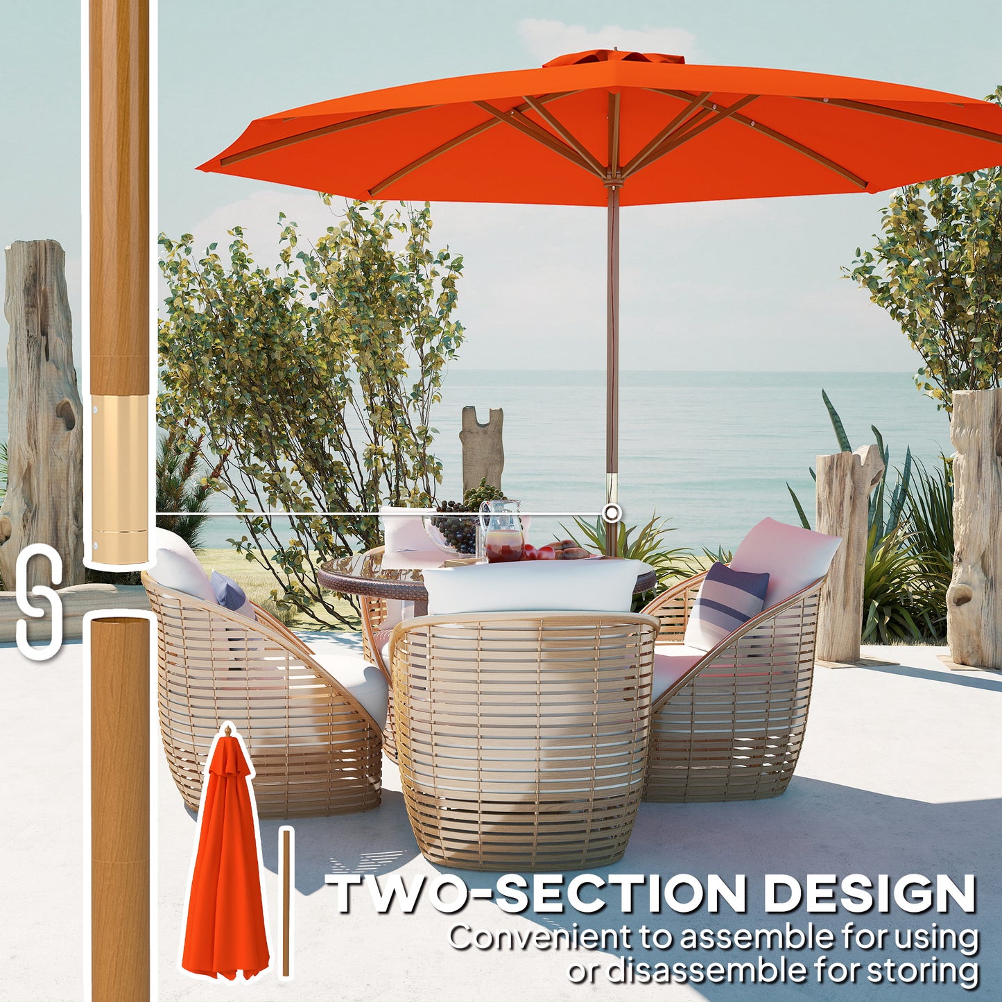 Wooden Garden Parasol with Rope Pulley Mechanism and 8 Ribs Orange