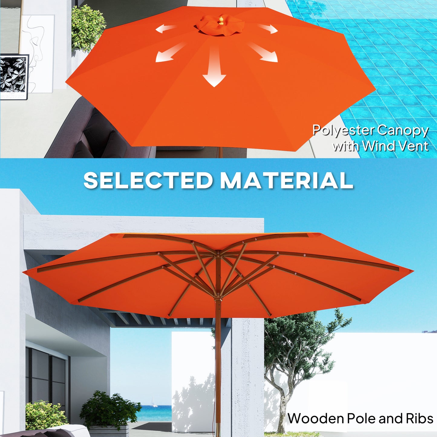 Wooden Garden Parasol with Rope Pulley Mechanism and 8 Ribs Orange