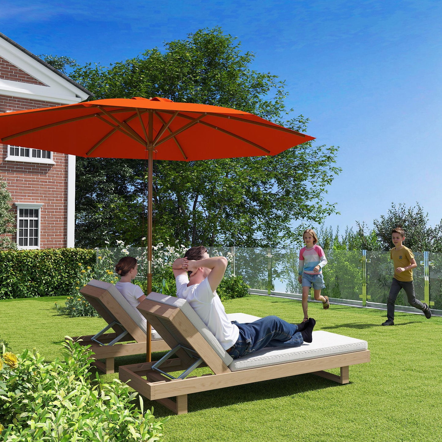 Wooden Garden Parasol with Rope Pulley Mechanism and 8 Ribs Orange