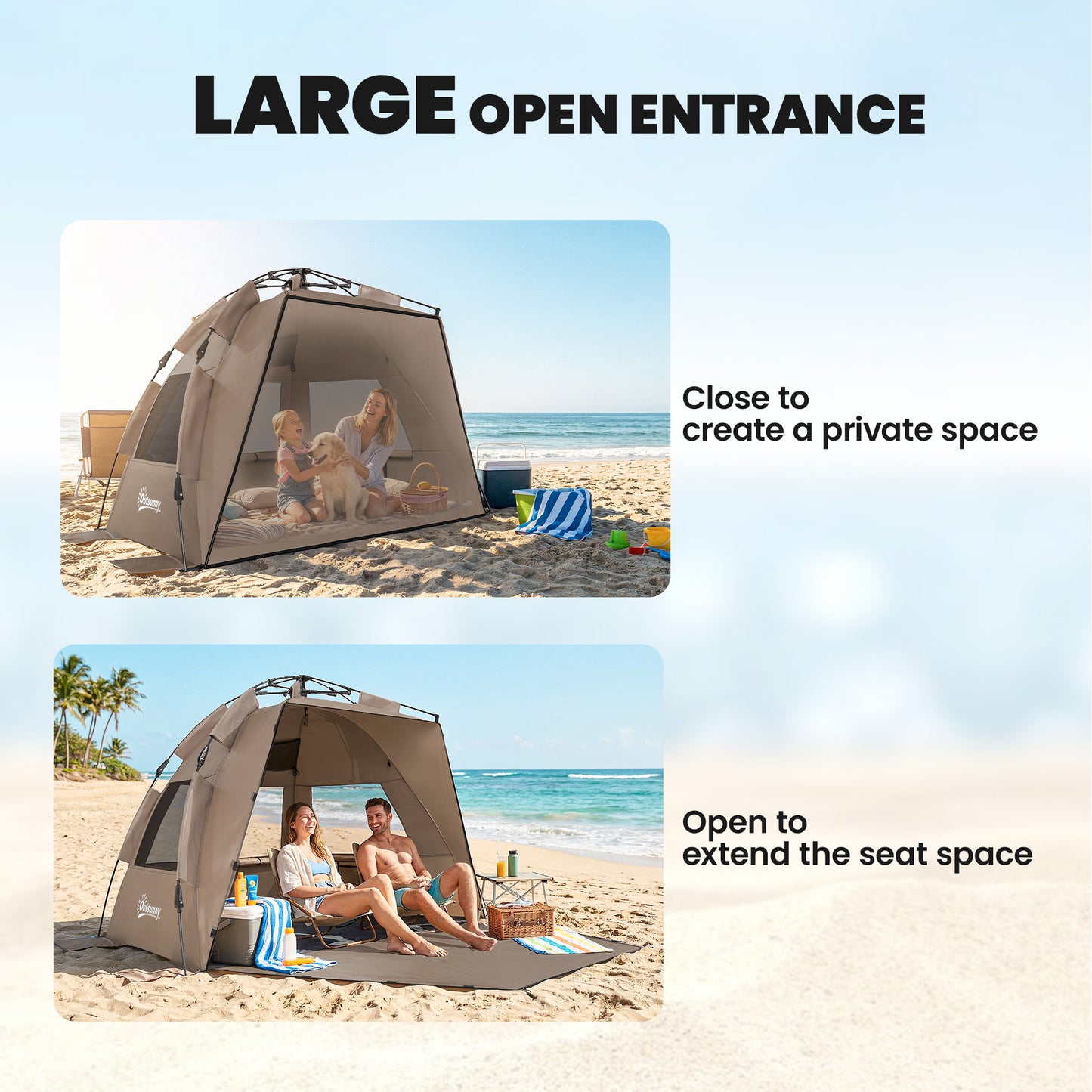 Pop Up Beach Tent for 2-3 Person with Carry Bag, UPF15+, Brown