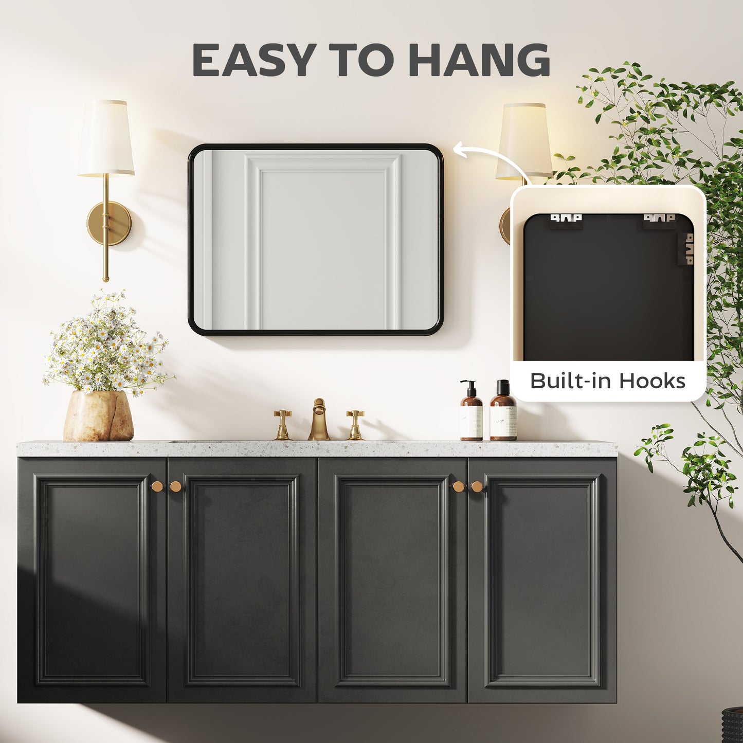 Rectangular Mirror with Metal Frame, Decorative Wall Mirror, Black