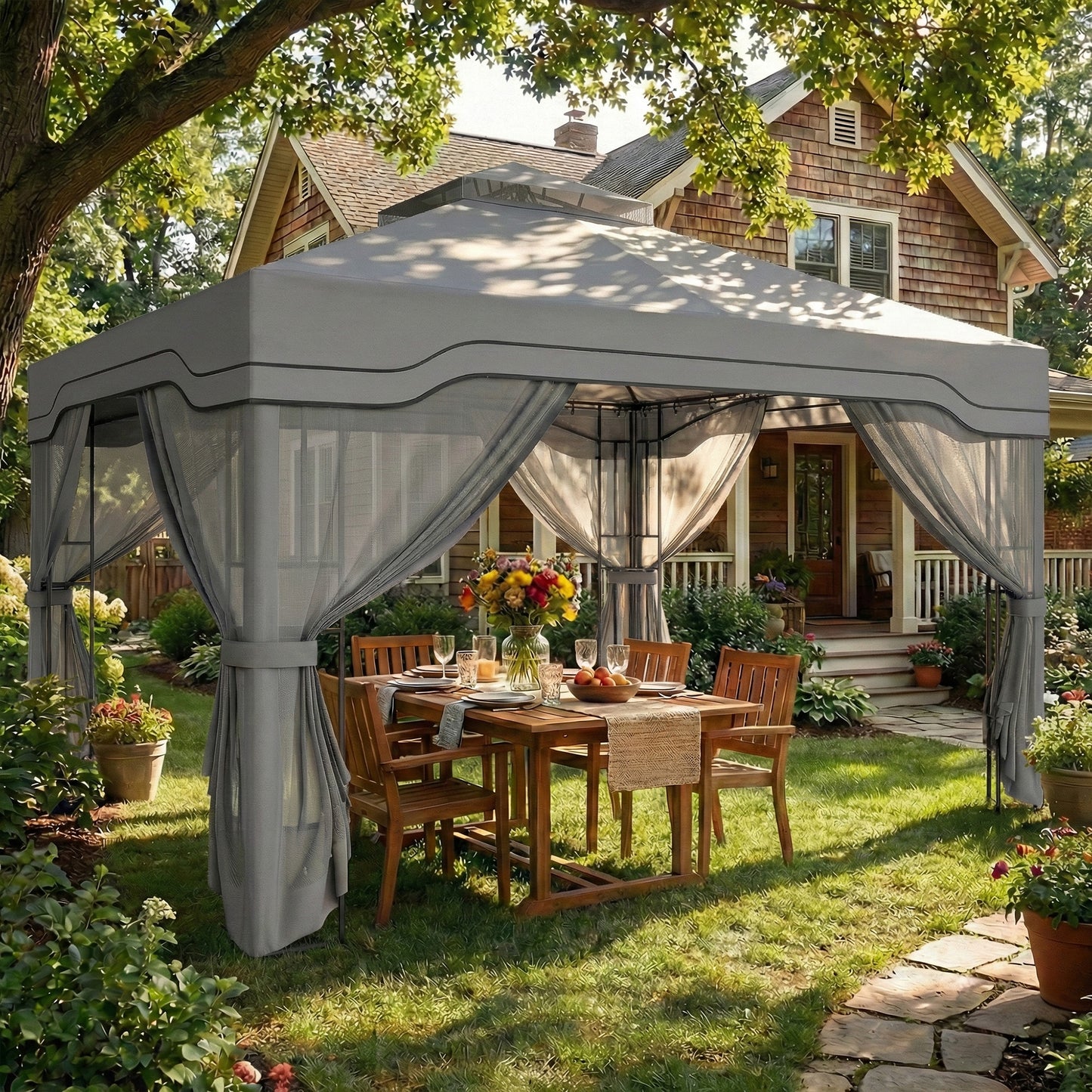 3 x 3.6 m Garden Gazebo with Shelves, UPF50+ Permanent Gazebo