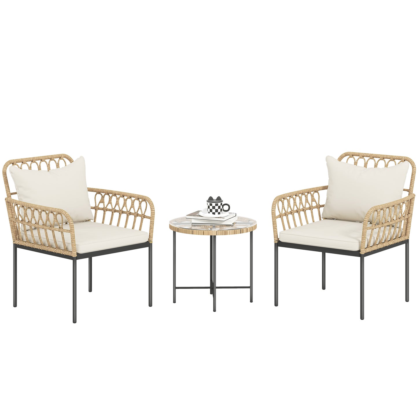 3 Piece Rattan Bistro Set, Balcony Table and Chairs with Cushions