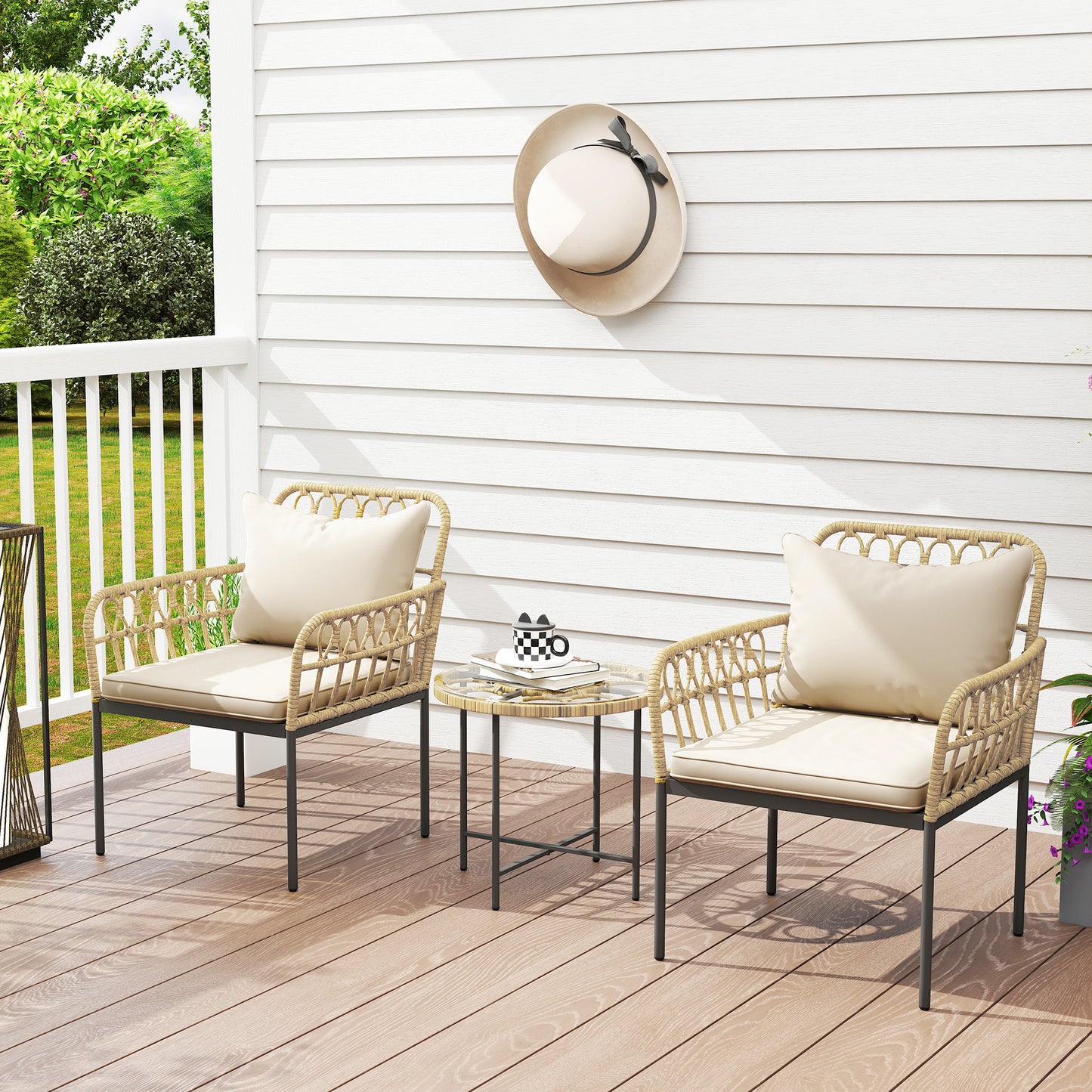 3 Piece Rattan Bistro Set, Balcony Table and Chairs with Cushions