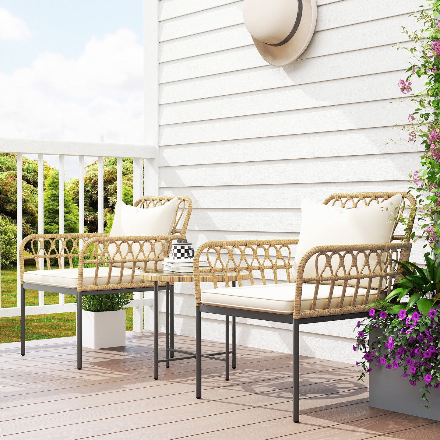 3 Piece Rattan Bistro Set, Balcony Table and Chairs with Cushions
