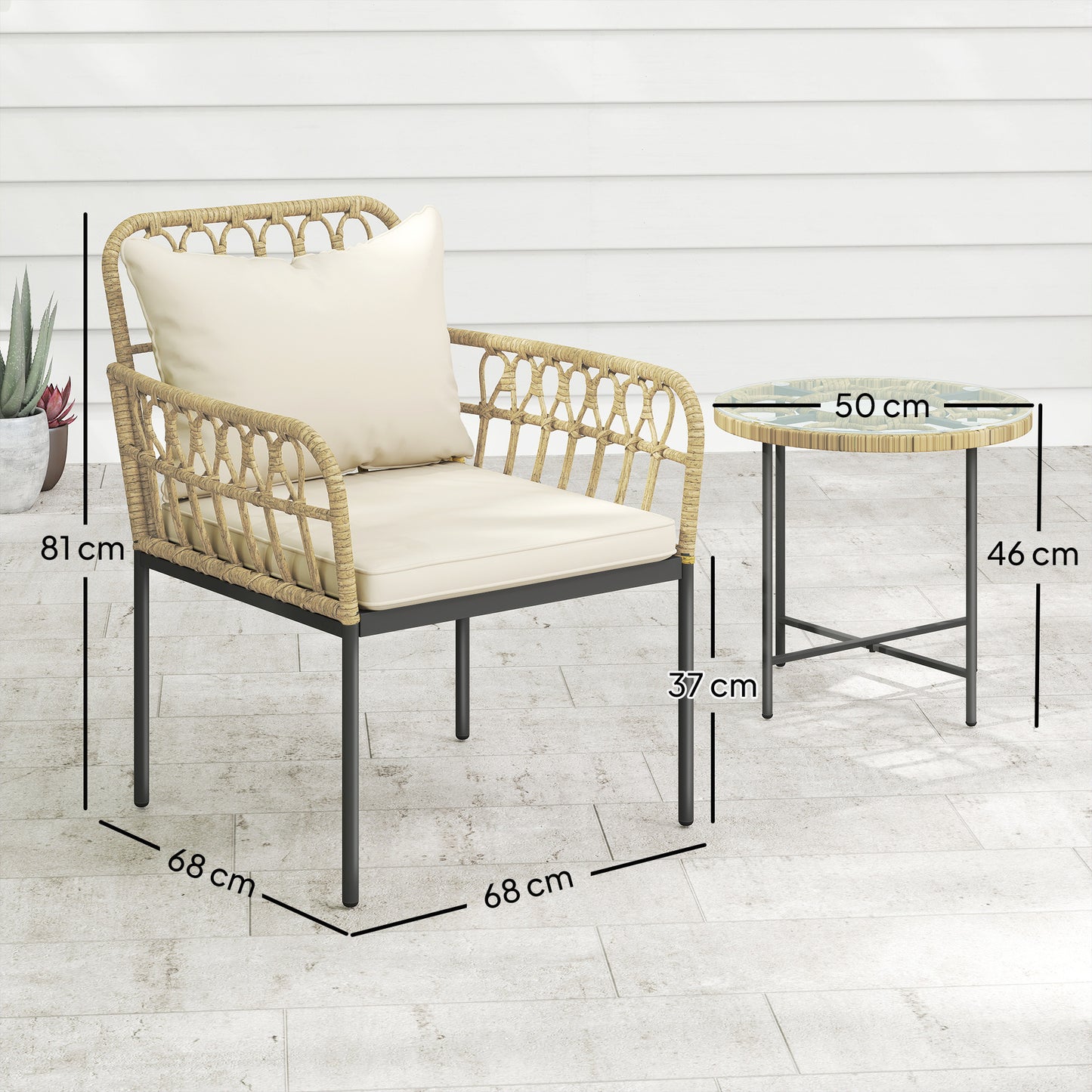 3 Piece Rattan Bistro Set, Balcony Table and Chairs with Cushions