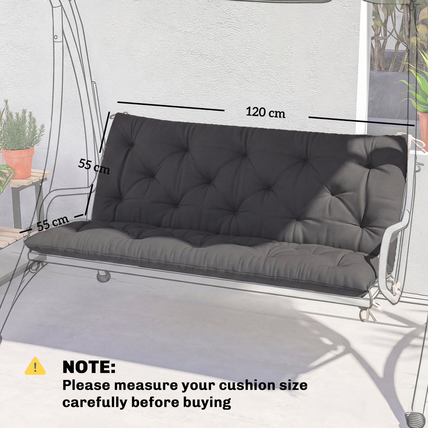 Garden Bench Cushion, Seat Pad with Ties, Black