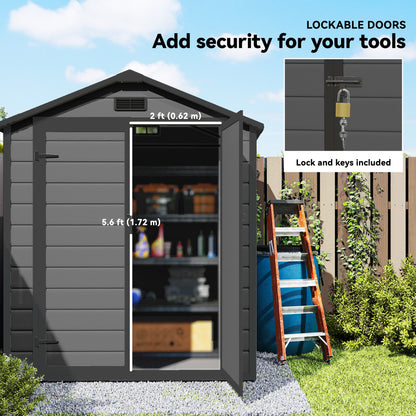 6 x 4.5FT Plastic Garden Shed with Floor, All Weather Resin Outdoor Storage Shed, Lockable Tool Storage with Window, Vent and Pent Roof for Patio Lawn, Dark Grey