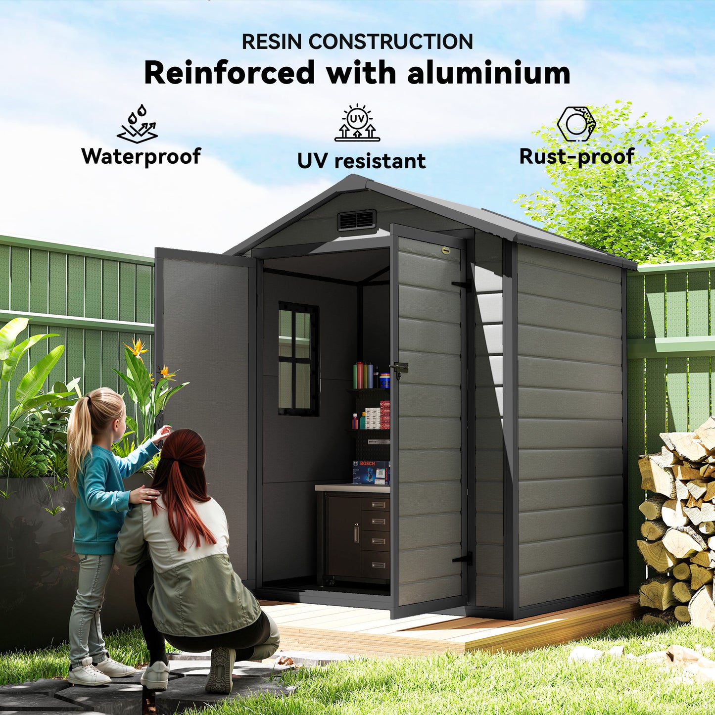 6 x 4.5FT Plastic Garden Shed with Floor, All Weather Resin Outdoor Storage Shed, Lockable Tool Storage with Window, Vent and Pent Roof for Patio Lawn, Dark Grey