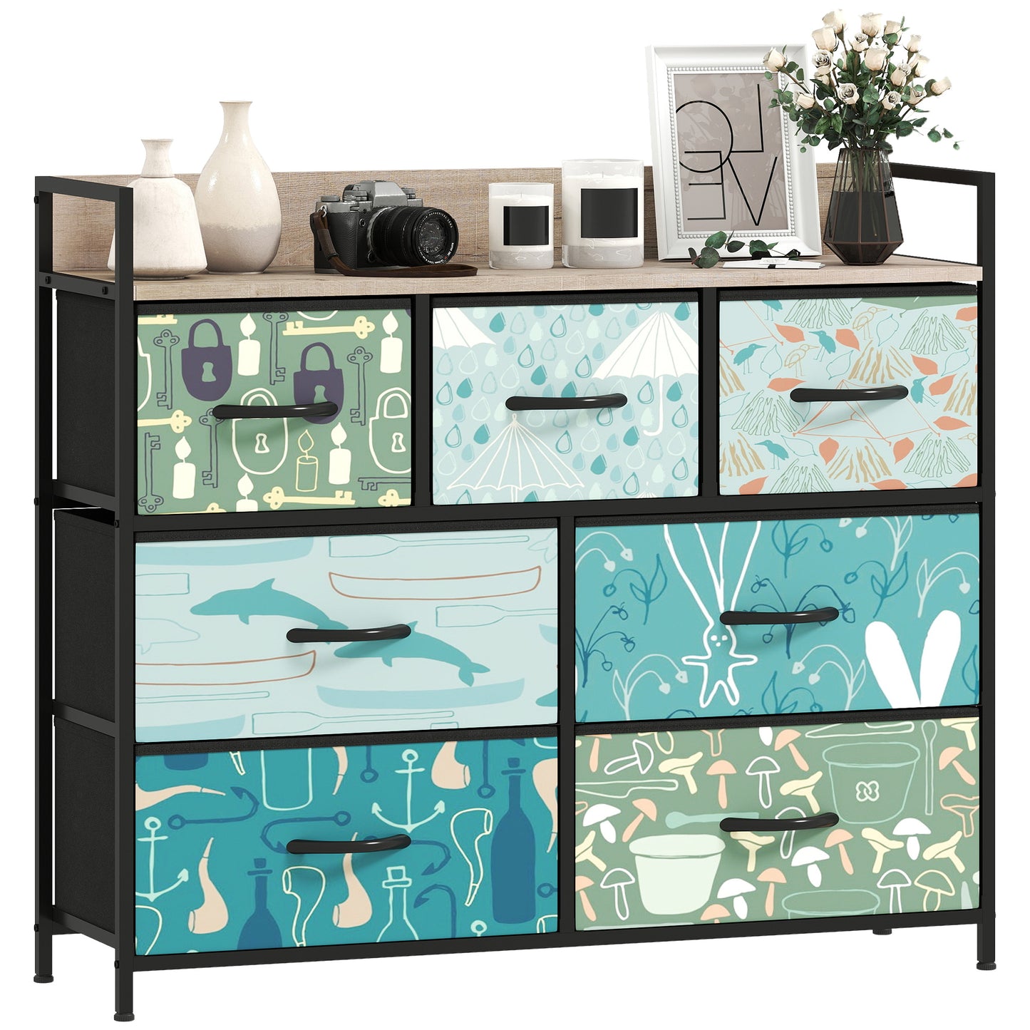 7-Drawer Chest of Drawers, Fabric Dresser with Open Shelf, Blue