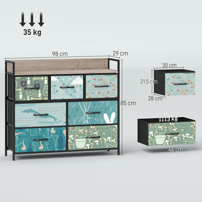 7-Drawer Chest of Drawers, Fabric Dresser with Open Shelf, Blue