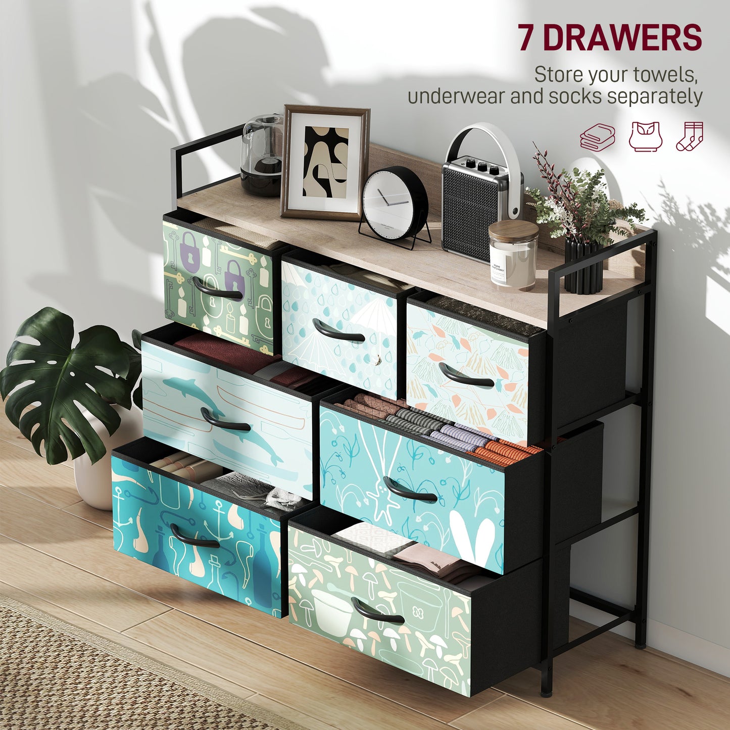 7-Drawer Chest of Drawers, Fabric Dresser with Open Shelf, Blue