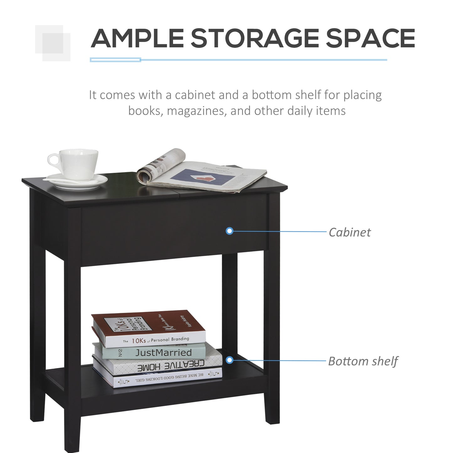 End Table, Narrow Side Table with Flip Top, Bottom Shelf
