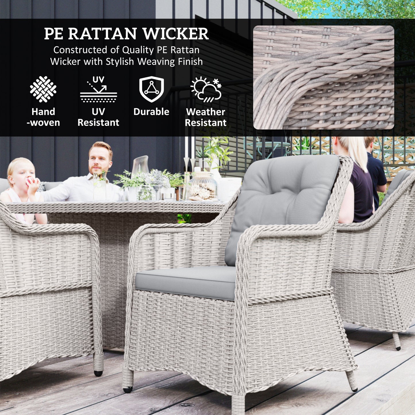6 Seater Rattan Dining Set with Glass Top Table and Cushions, Grey