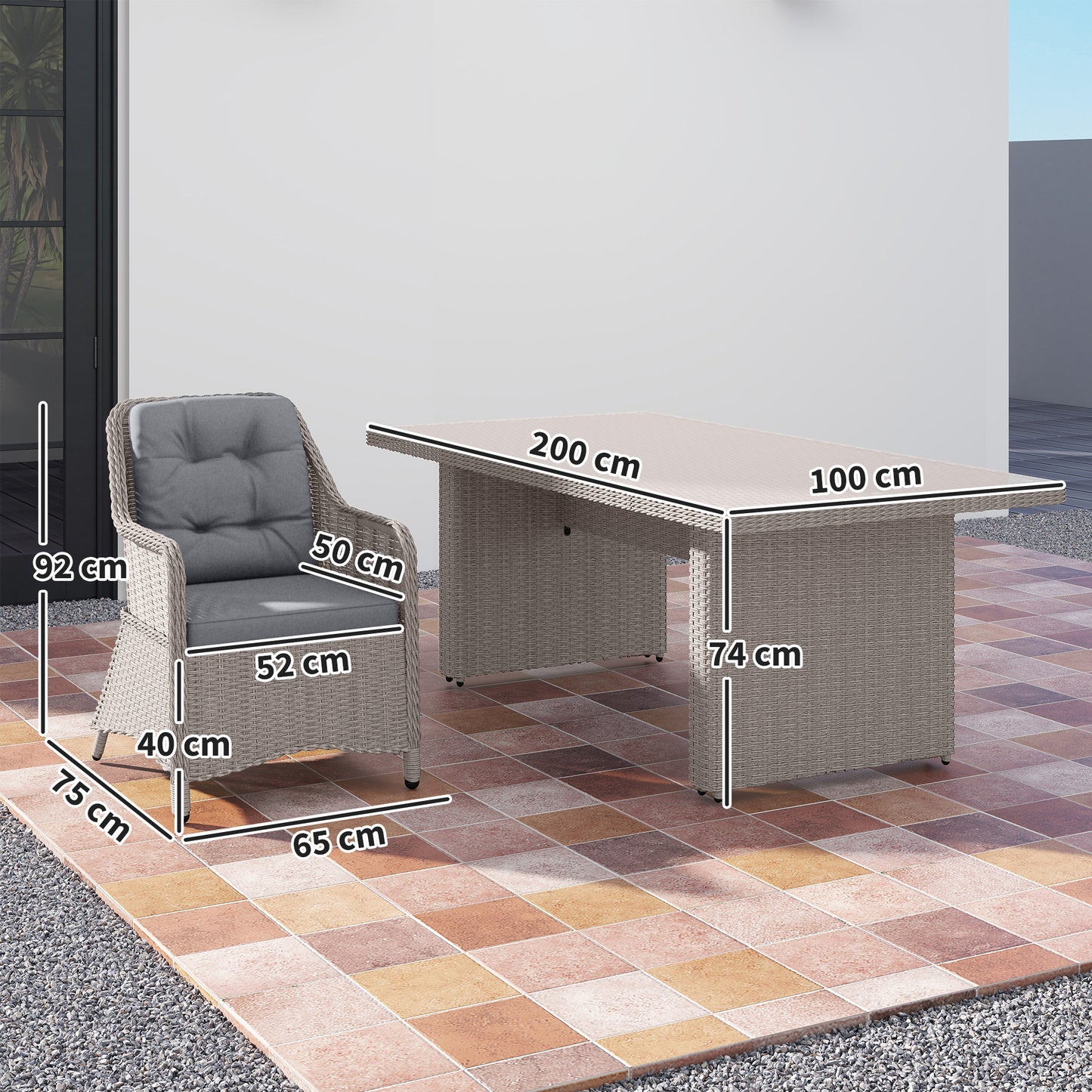 6 Seater Rattan Dining Set with Glass Top Table and Cushions, Grey