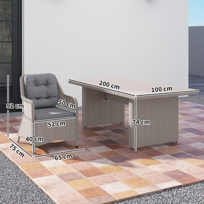 6 Seater Rattan Dining Set with Glass Top Table and Cushions, Grey