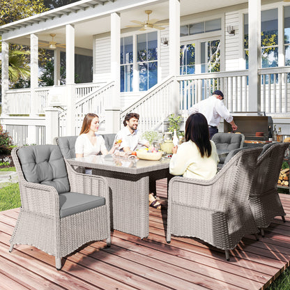 6 Seater Rattan Dining Set with Glass Top Table and Cushions, Grey