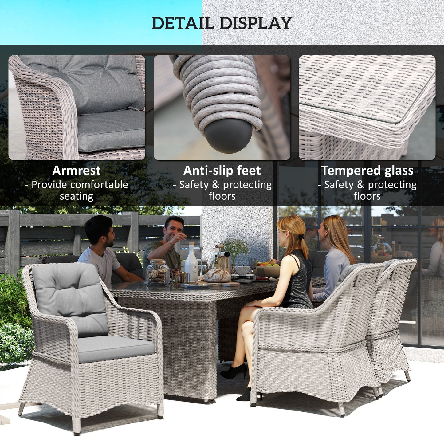 6 Seater Rattan Dining Set with Glass Top Table and Cushions, Grey