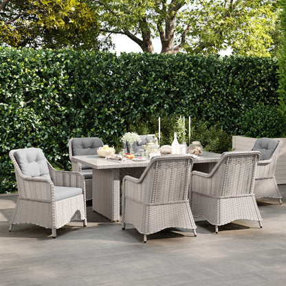 6 Seater Rattan Dining Set with Glass Top Table and Cushions, Grey