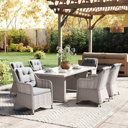 6 Seater Rattan Dining Set with Glass Top Table and Cushions, Grey
