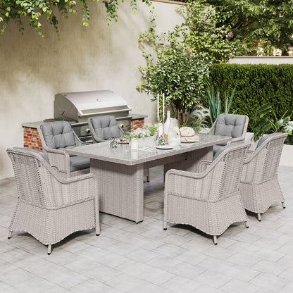 6 Seater Rattan Dining Set with Glass Top Table and Cushions, Grey