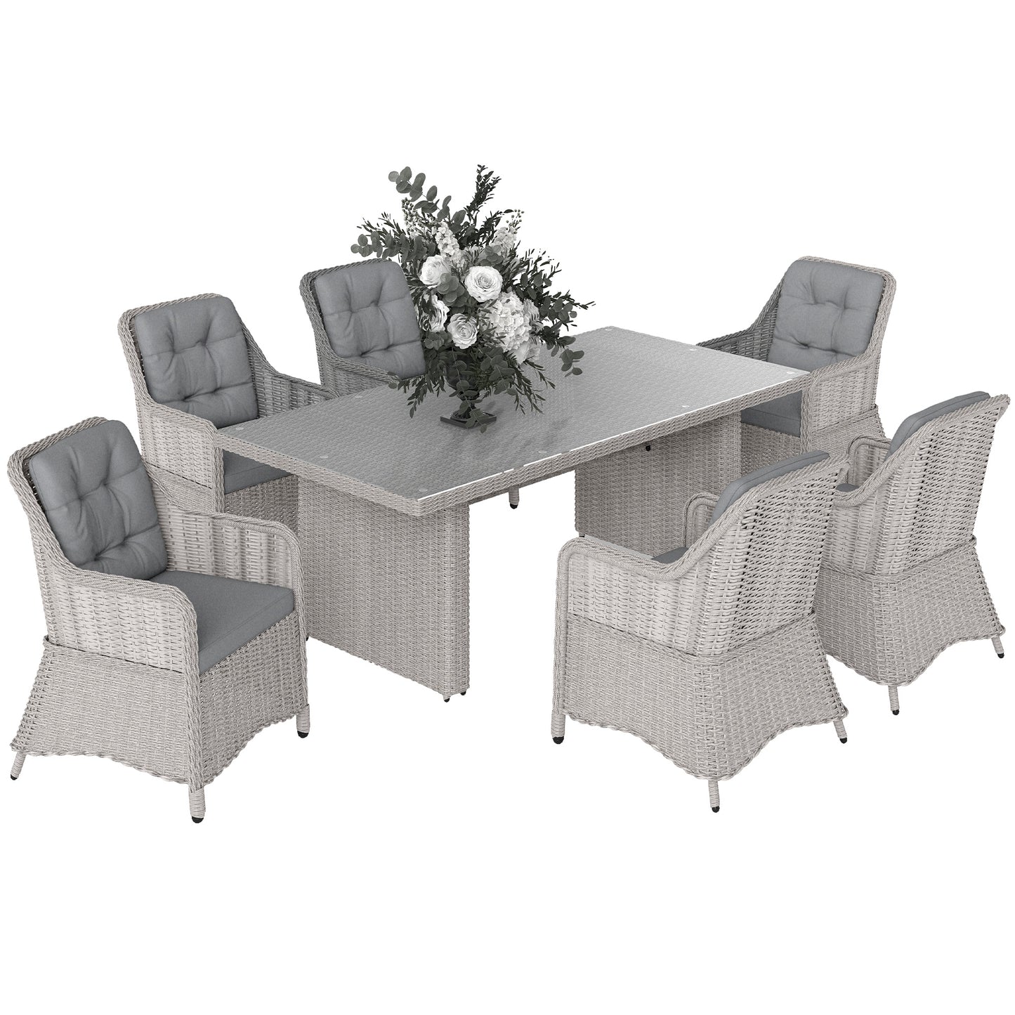 6 Seater Rattan Dining Set with Glass Top Table and Cushions, Grey