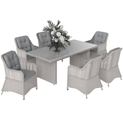 6 Seater Rattan Dining Set with Glass Top Table and Cushions, Grey