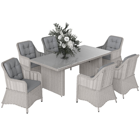 6 Seater Rattan Dining Set with Glass Top Table and Cushions, Grey