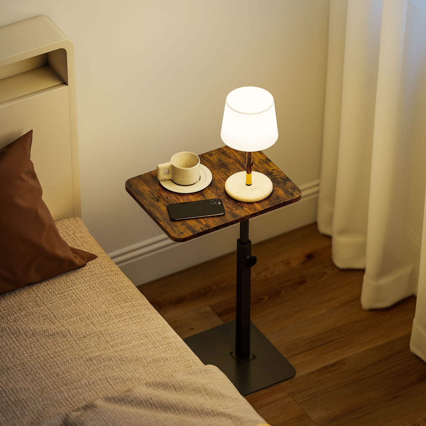 Side Table, C Shaped End Table with Adjustable Height and Metal Base