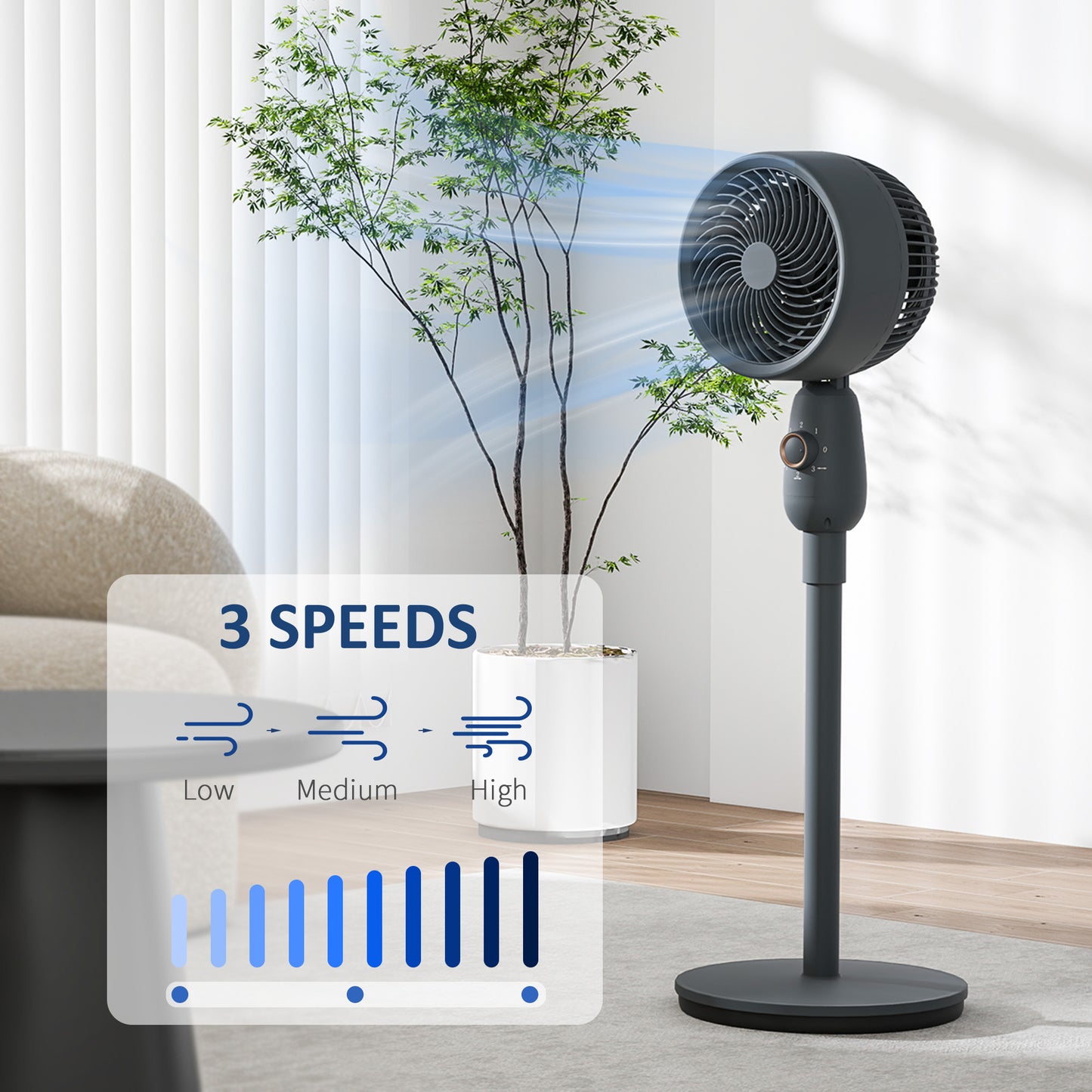 Pedestal Fan for Bedroom, Powerful Air Circulator with 3 Speed, Grey