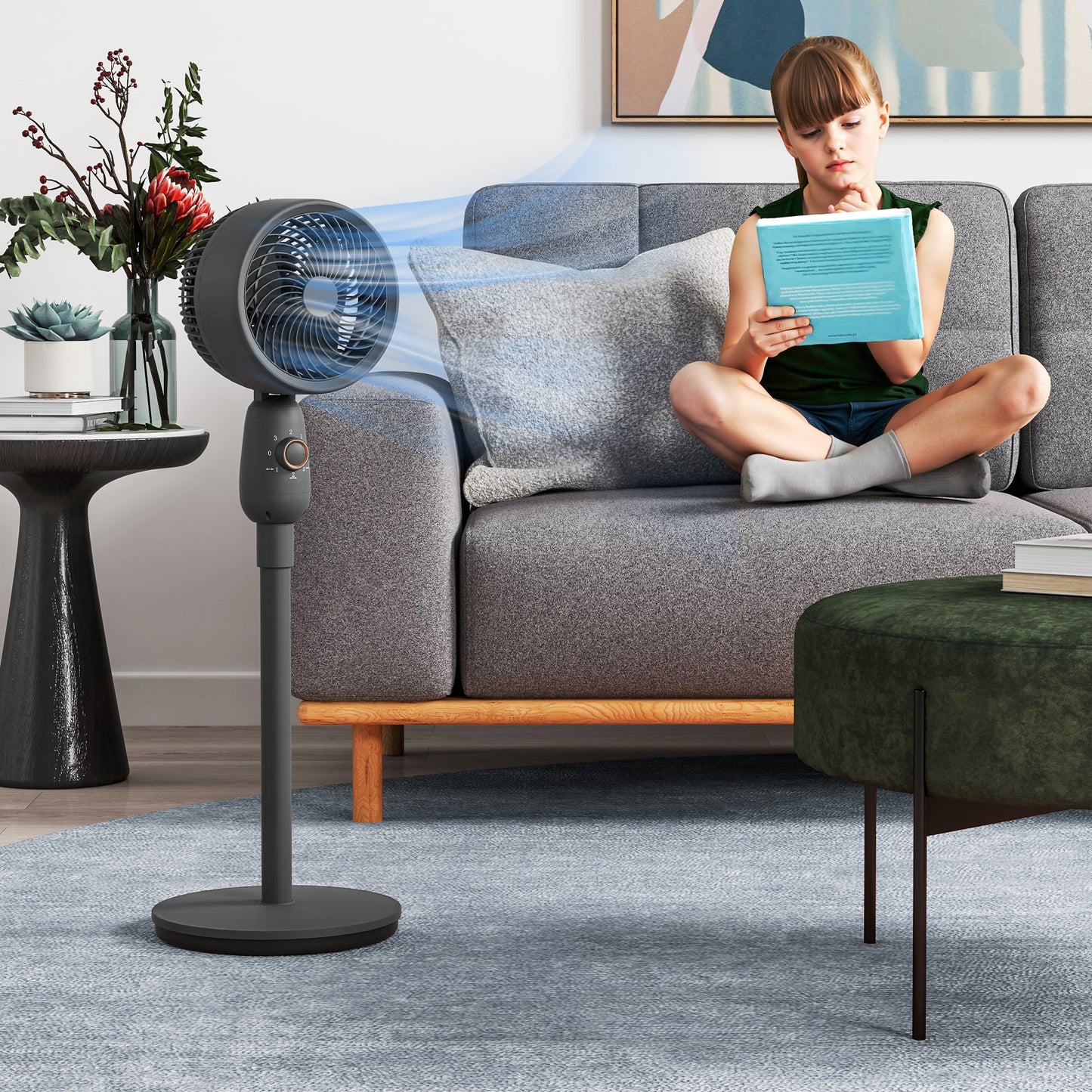 Pedestal Fan for Bedroom, Powerful Air Circulator with 3 Speed, Grey